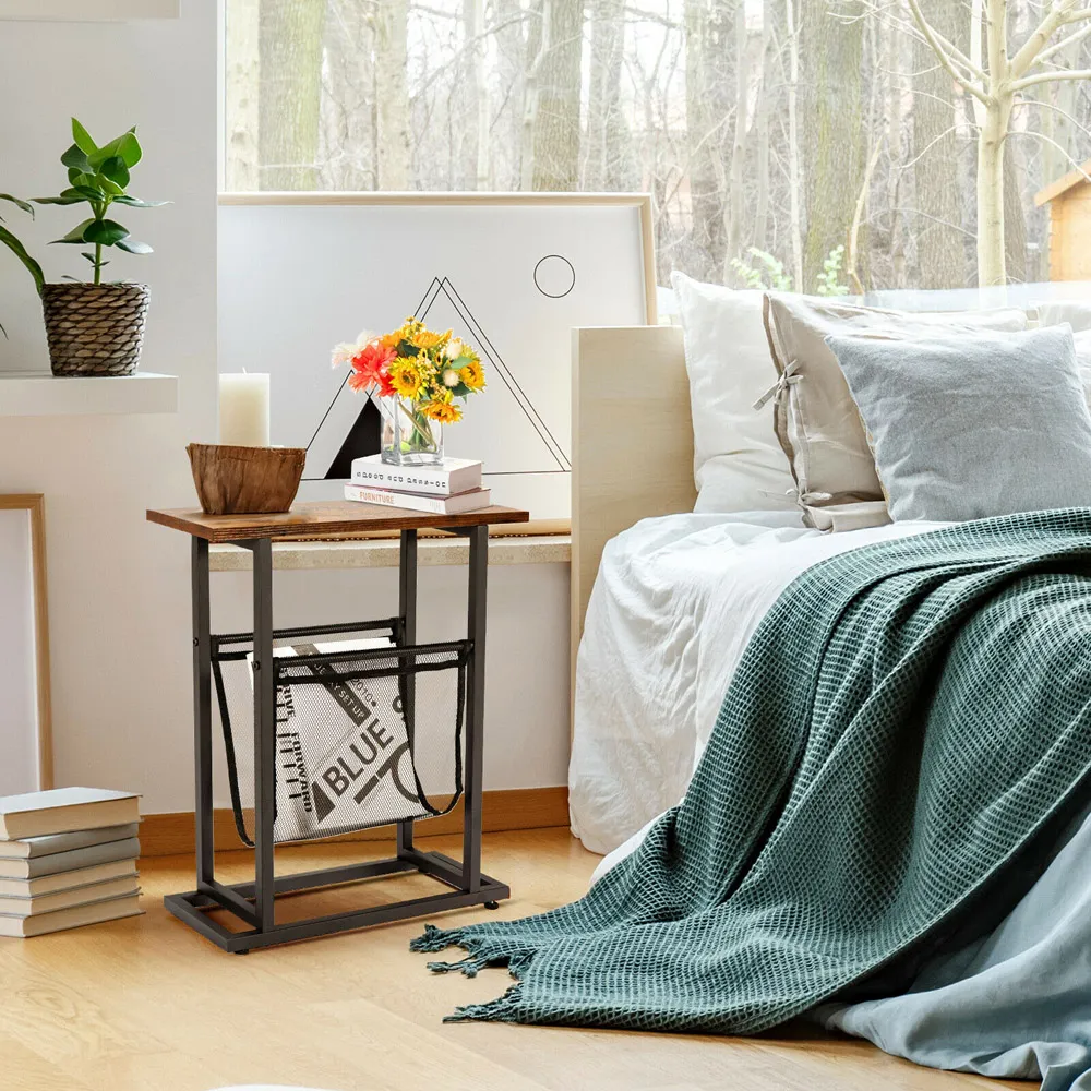 Industrial Sofa Side Table with Mesh Magazine Holder - Multi