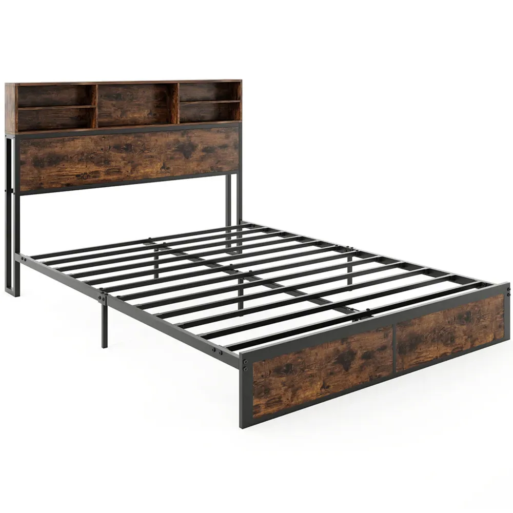 King Size Bed Frame with Charging Station - Brown