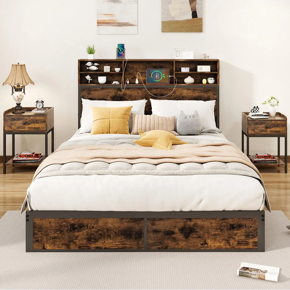 King Size Bed Frame with Charging Station - Brown