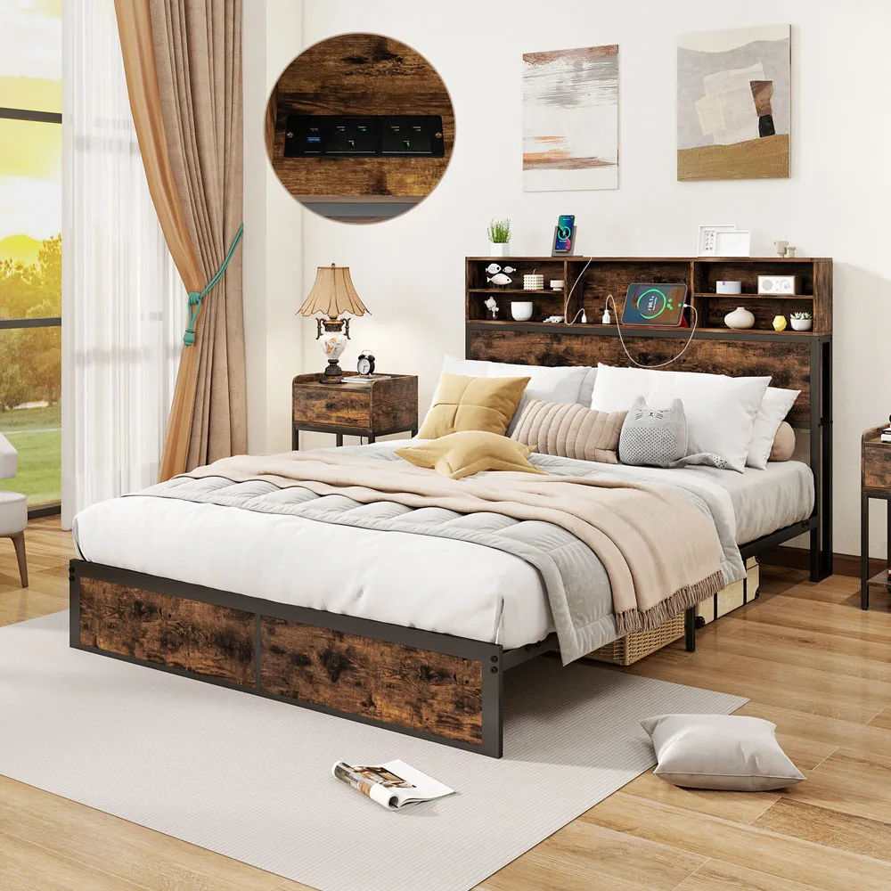 King Size Bed Frame with Charging Station - Brown