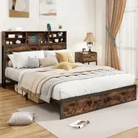 King Size Bed Frame with Charging Station - Brown
