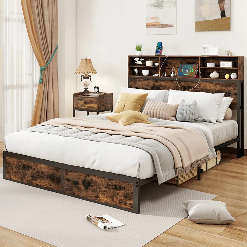 King Size Bed Frame with Charging Station - Brown