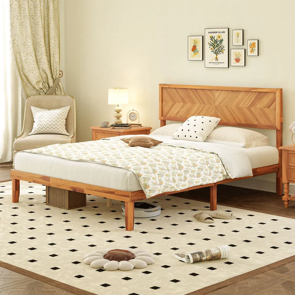 King Size Bed Frame with Headboard - Acacia Wood