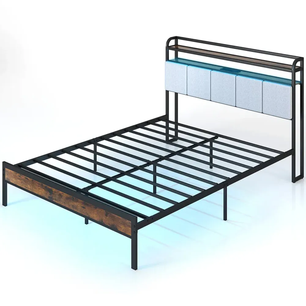 King Size Bed Frame with LED Light and Charging Station - Brown