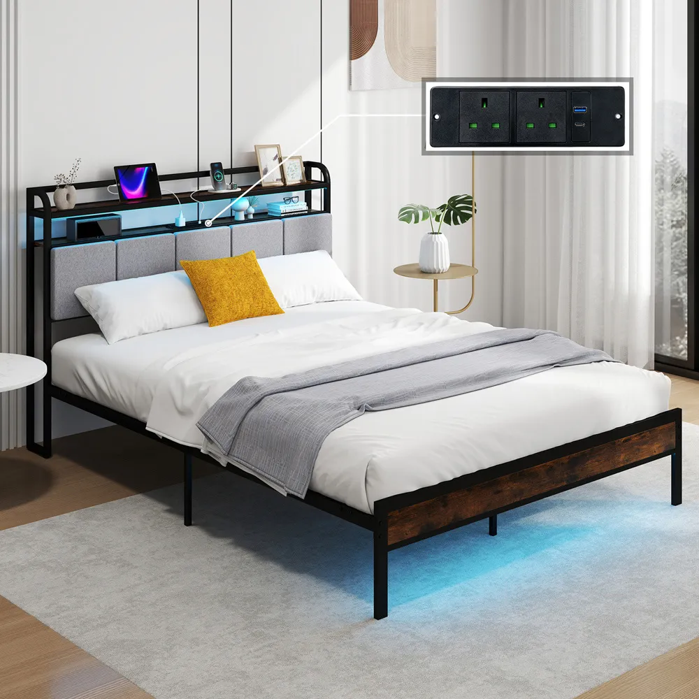 King Size Bed Frame with LED Light and Charging Station - Brown