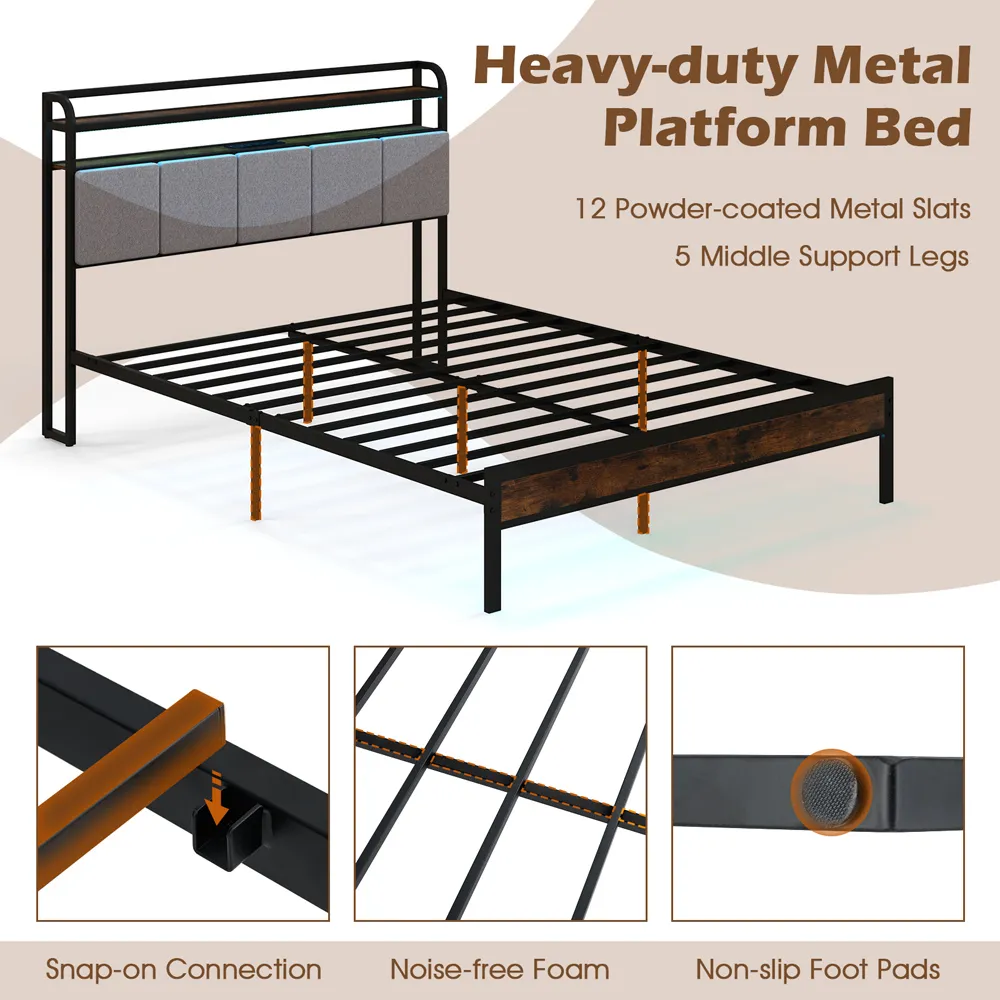 King Size Bed Frame with LED Light and Charging Station - Brown