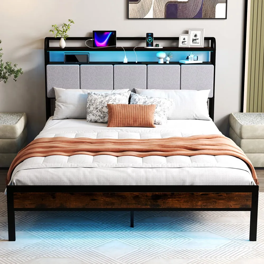 King Size Bed Frame with LED Light and Charging Station - Brown image