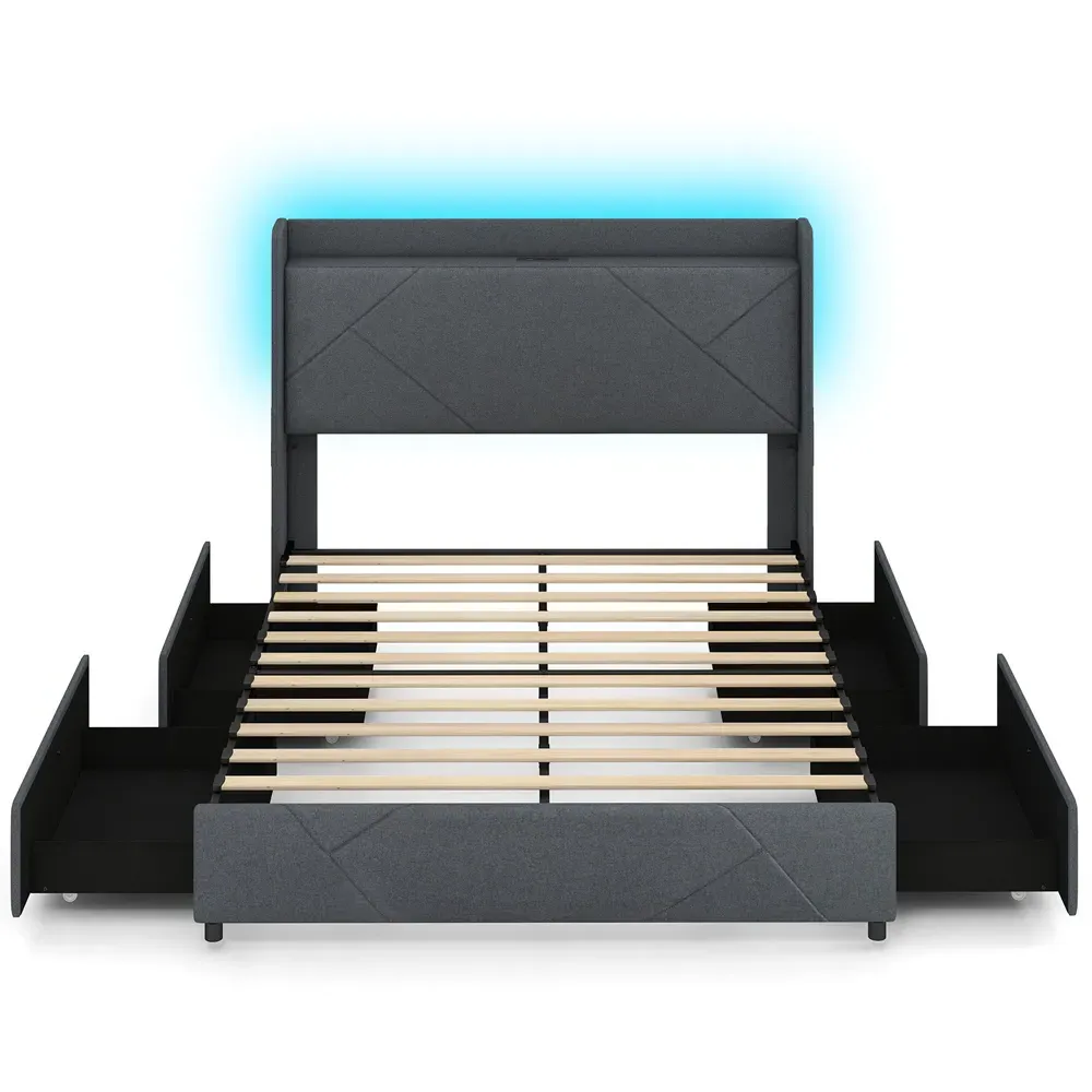 King Size Bed Frame with LED Lights and Charging Station - Grey