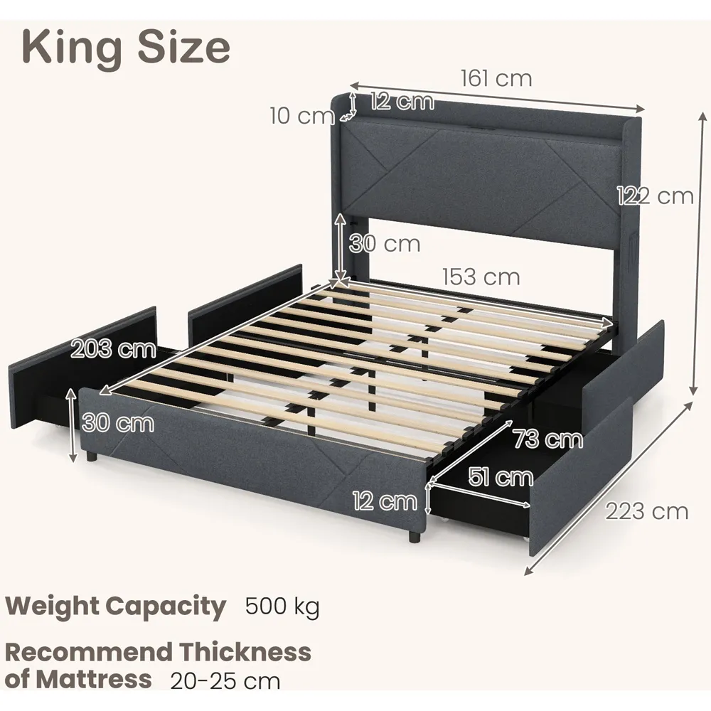 King Size Bed Frame with LED Lights and Charging Station - Grey