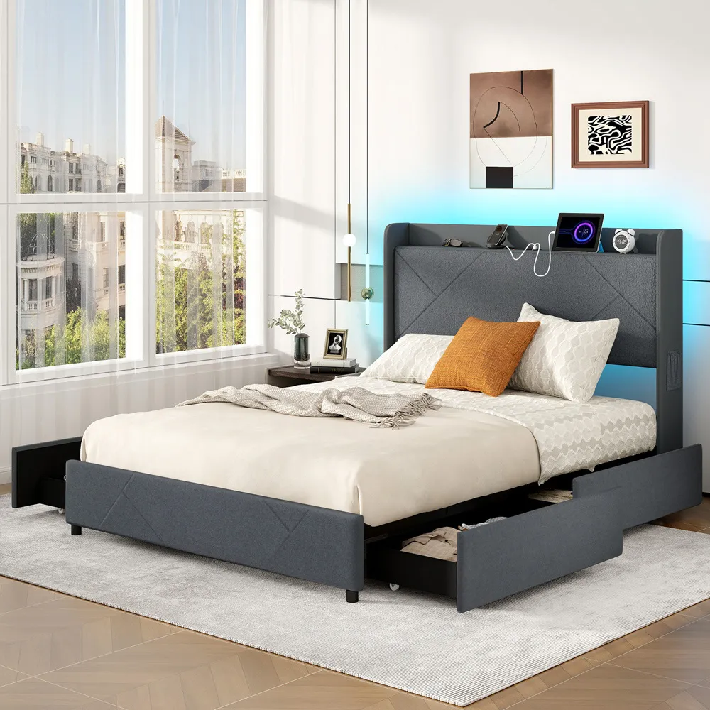 King Size Bed Frame with LED Lights and Charging Station - Grey