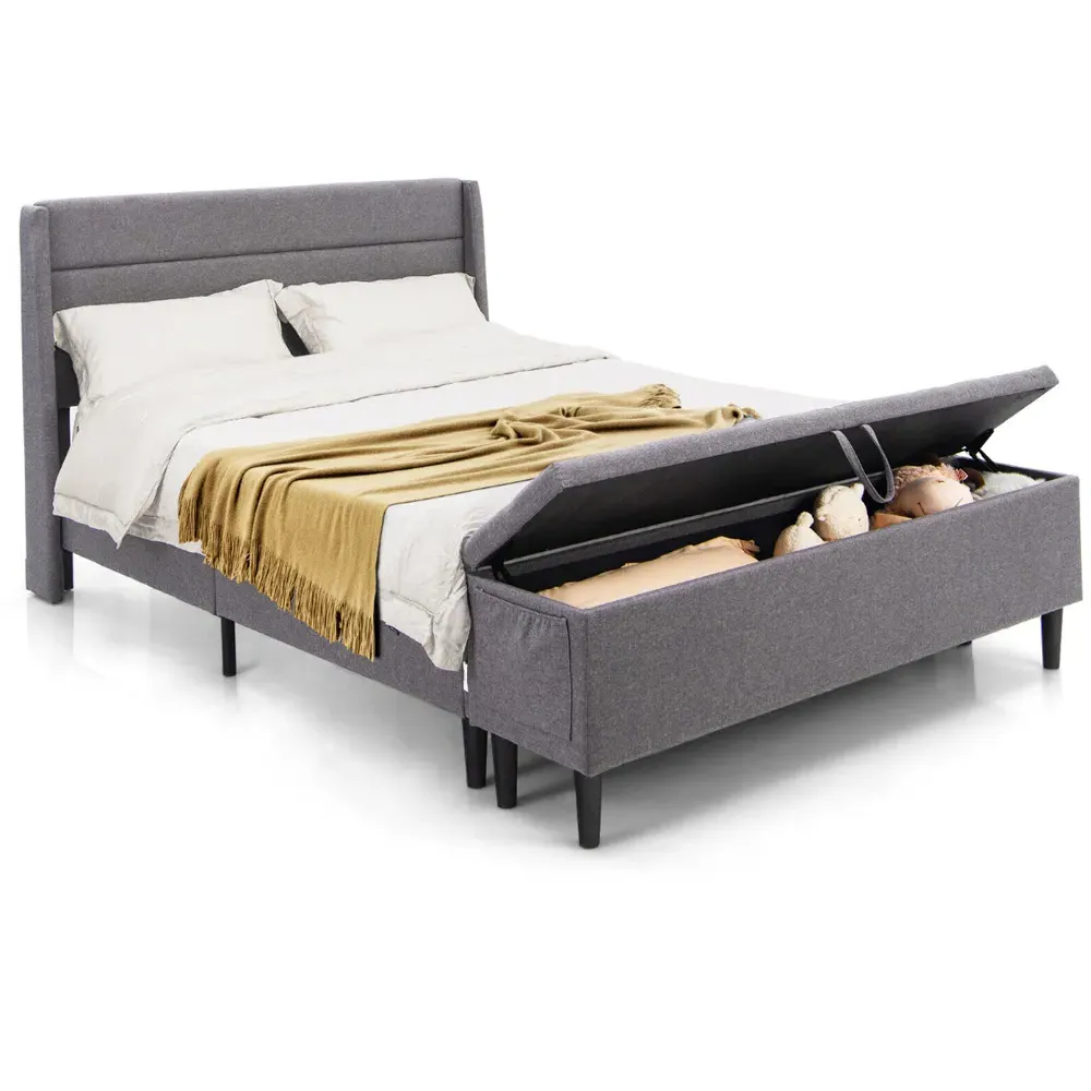 King Size Bed Frame with Ottoman Bench - Grey