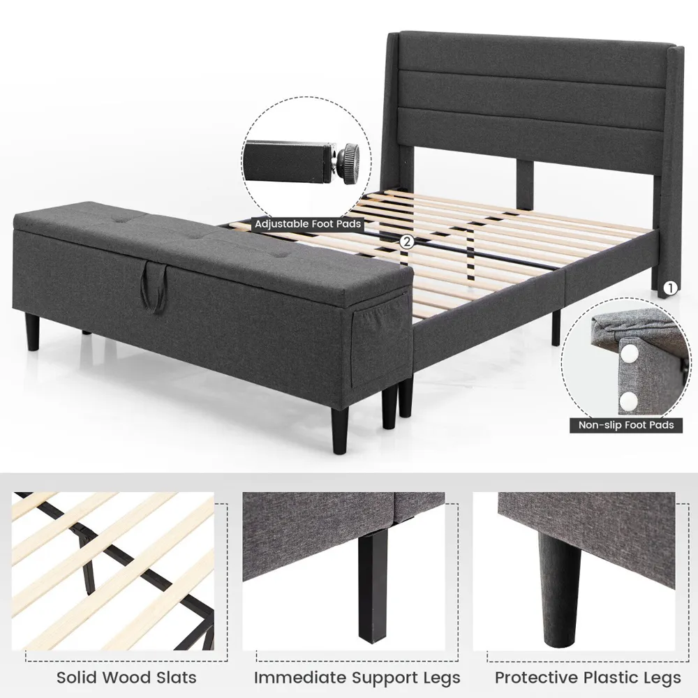 King Size Bed Frame with Ottoman Bench - Grey