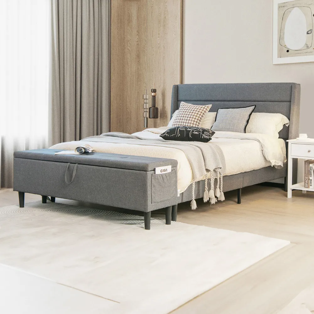 King Size Bed Frame with Ottoman Bench - Grey