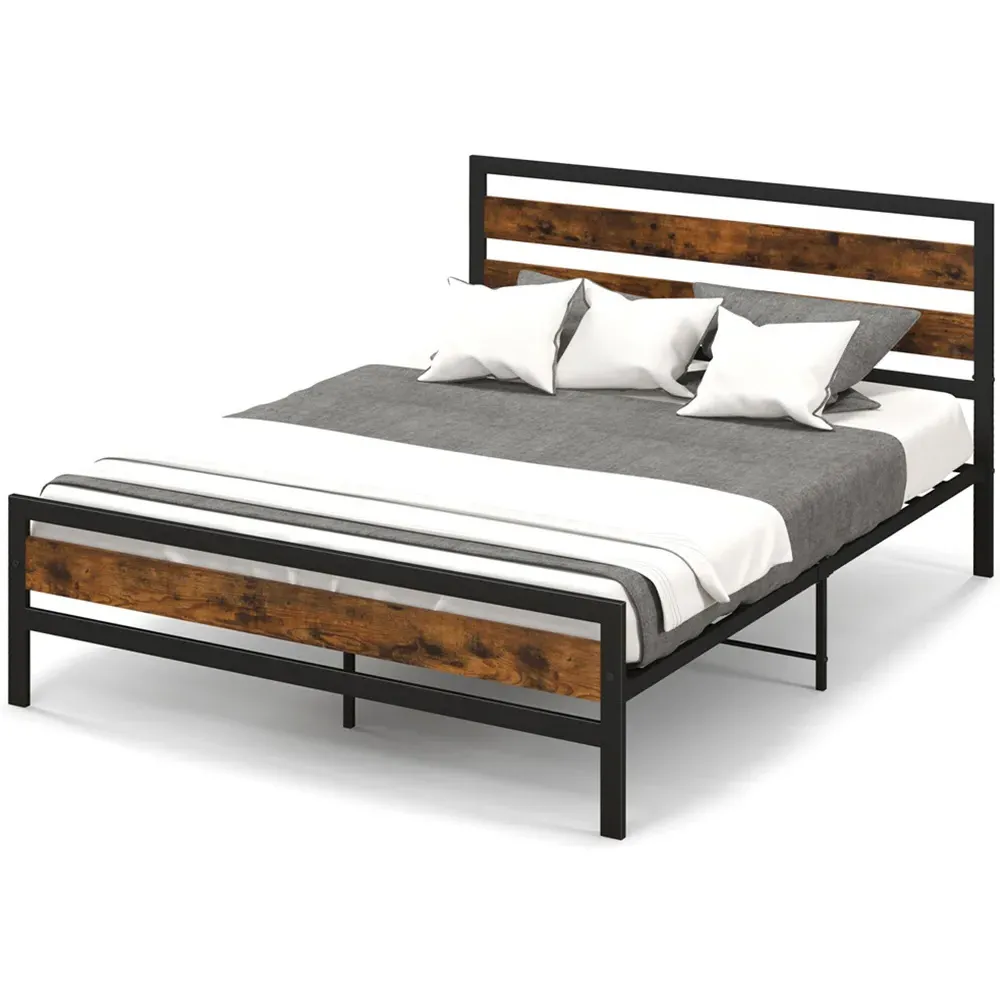 King Size Bed Frame with Rustic Headboard - Brown, Metal