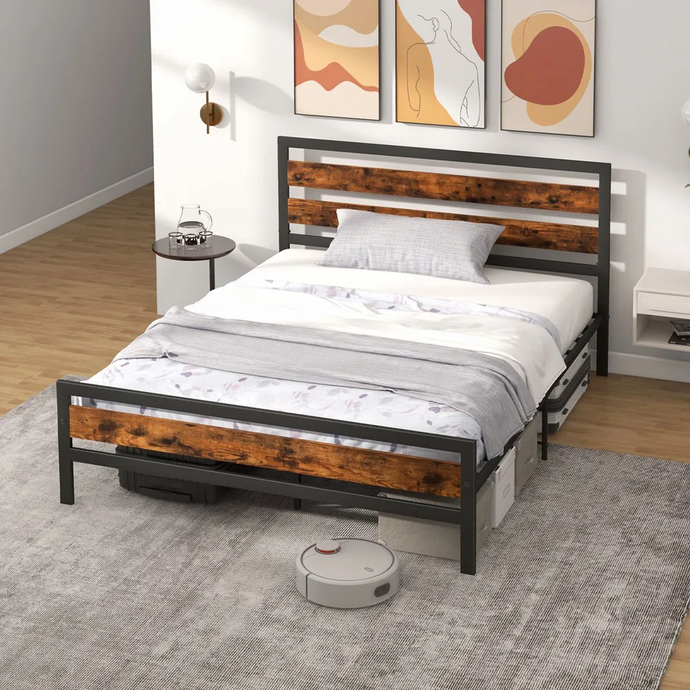 King Size Bed Frame with Rustic Headboard - Brown, Metal