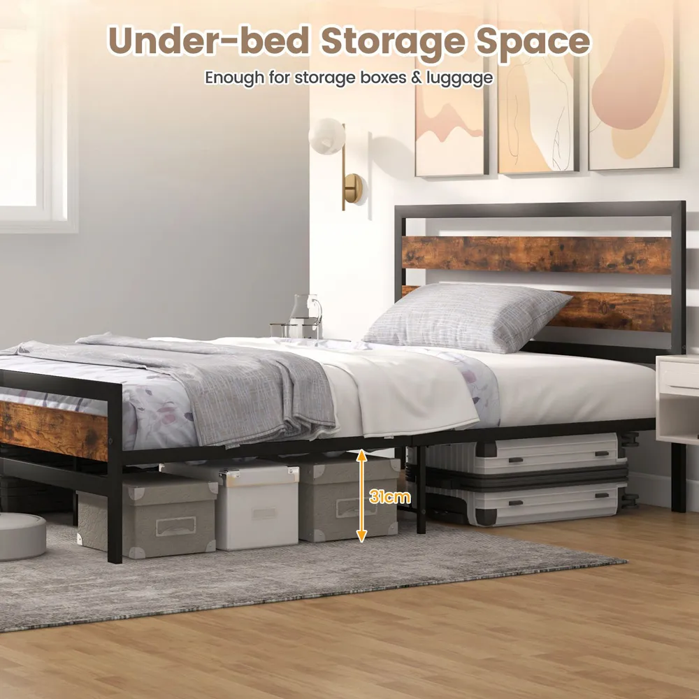 King Size Bed Frame with Rustic Headboard - Brown, Metal