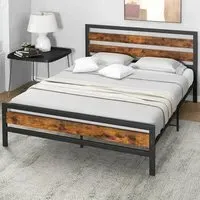 King Size Bed Frame with Rustic Headboard - Brown, Metal
