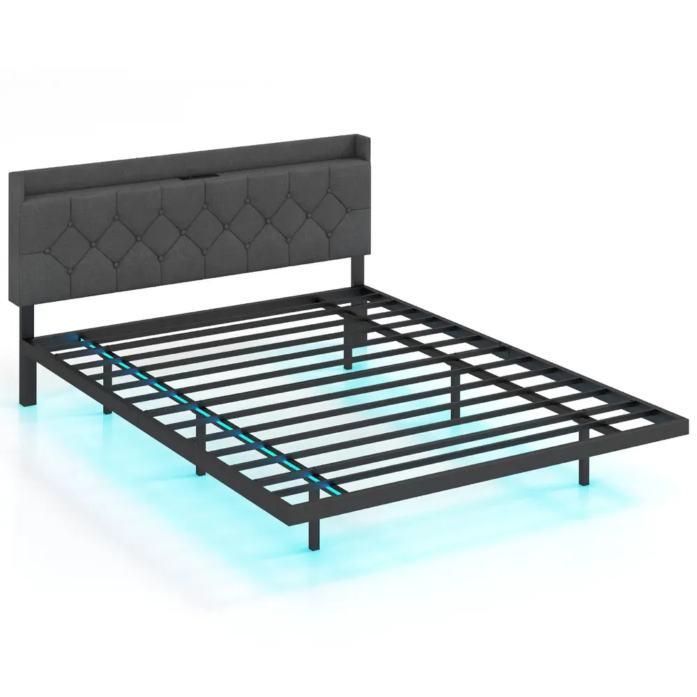 King Size Floating Bed Frame with Charging Station - Grey
