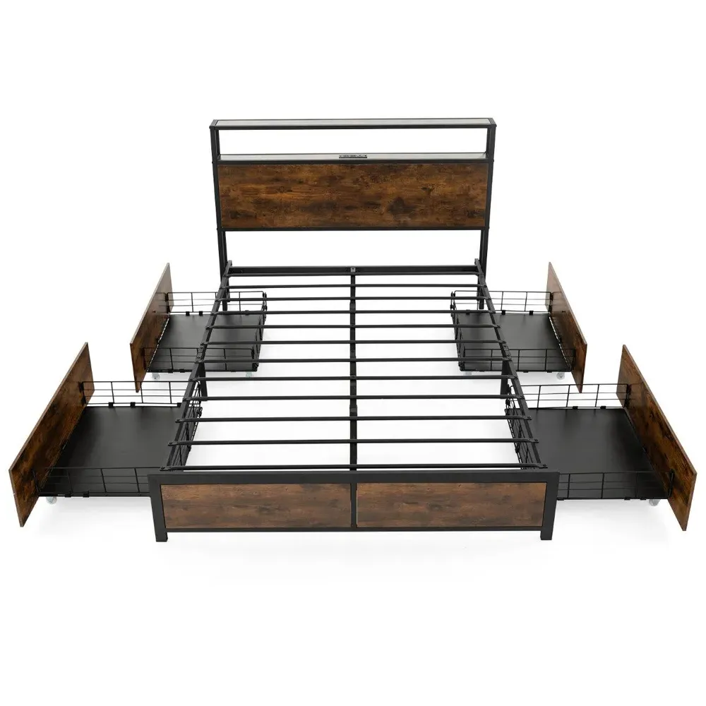 King Size LED Bed Frame with Charging Station - Brown, Metal