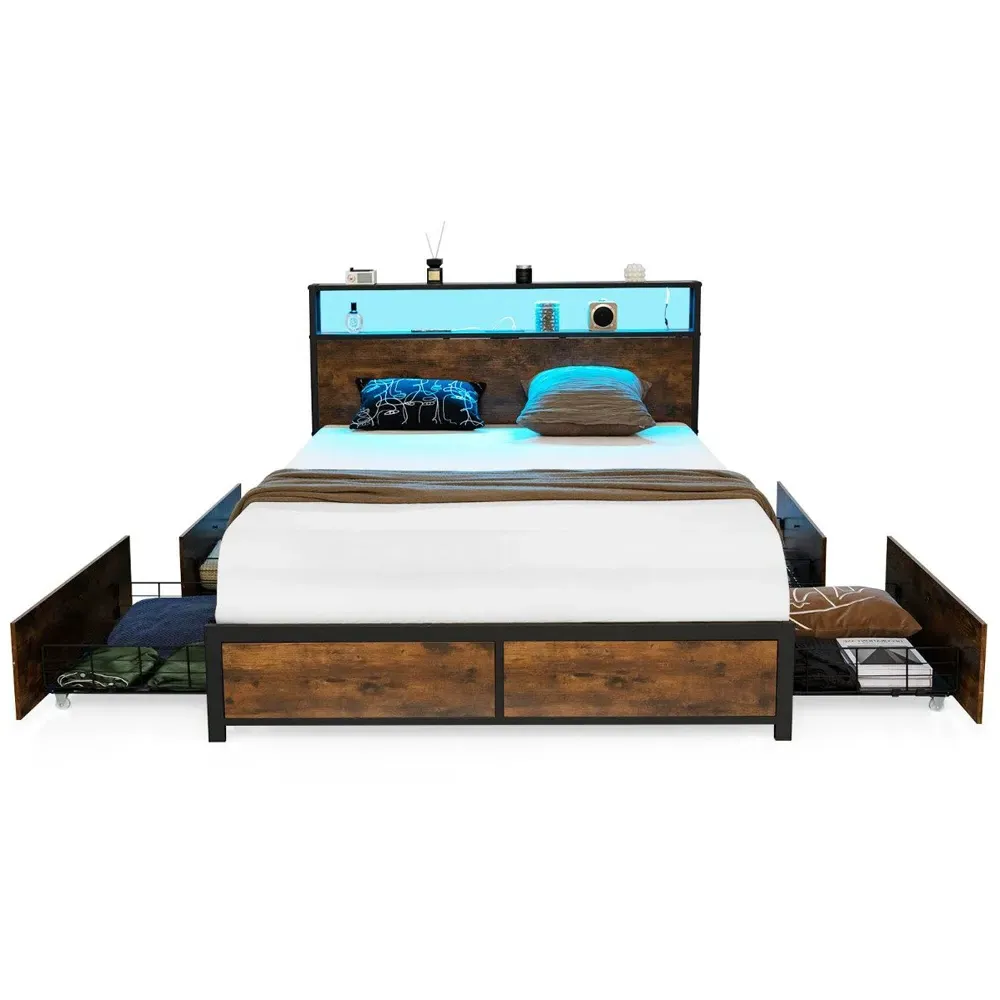 King Size LED Bed Frame with Charging Station - Brown, Metal