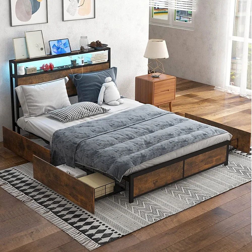 King Size LED Bed Frame with Charging Station - Brown, Metal
