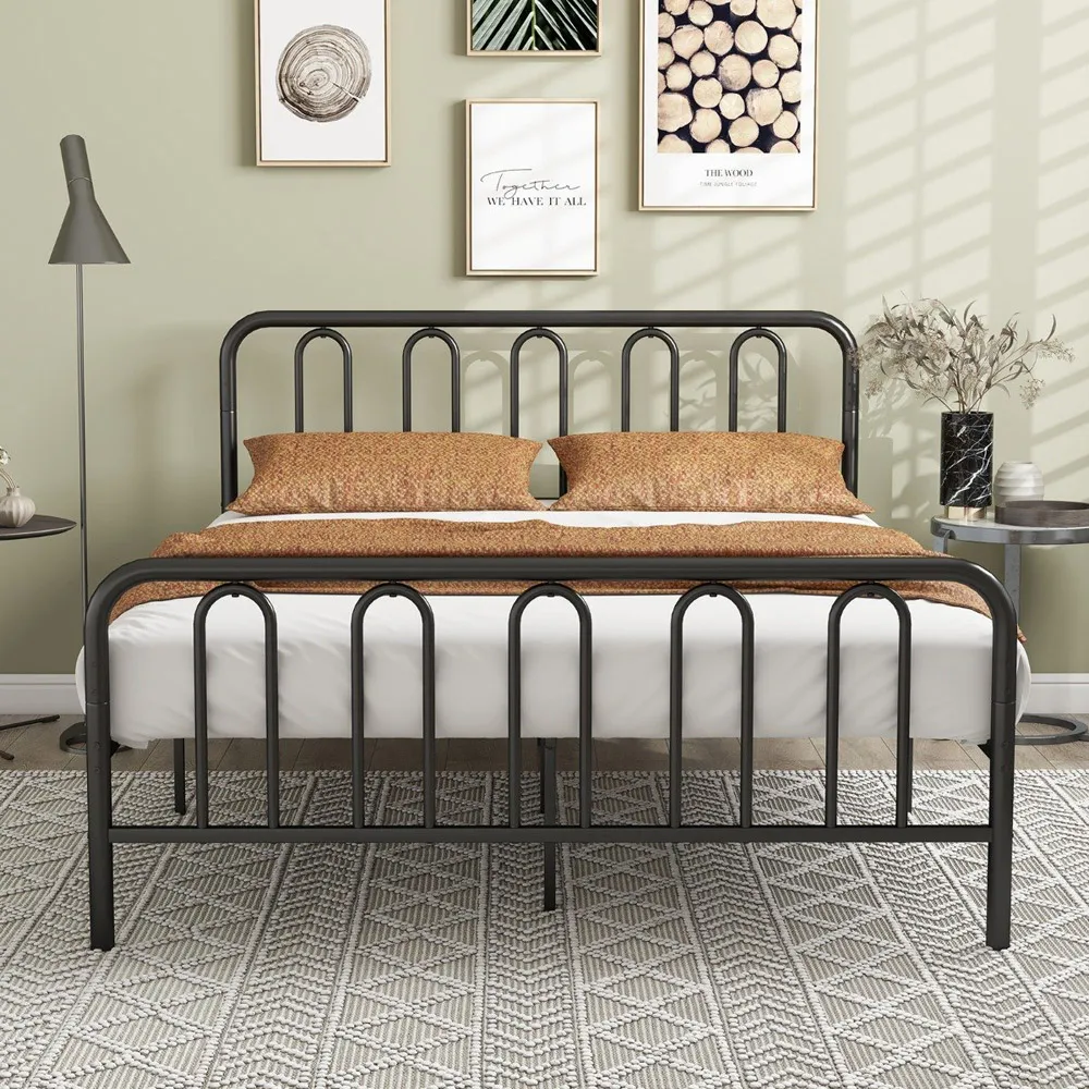 King Size Metal Bed Frame with Headboard and Footboard - Black