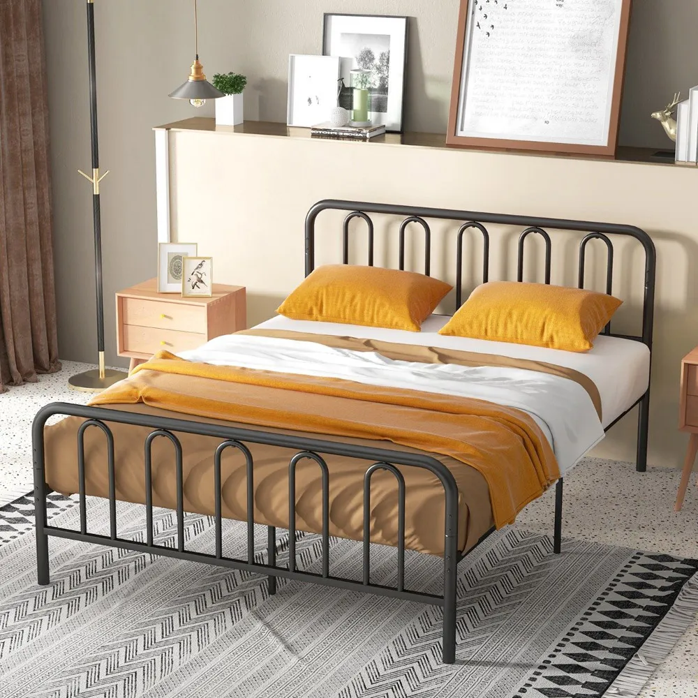 King Size Metal Bed Frame with Headboard and Footboard - Black