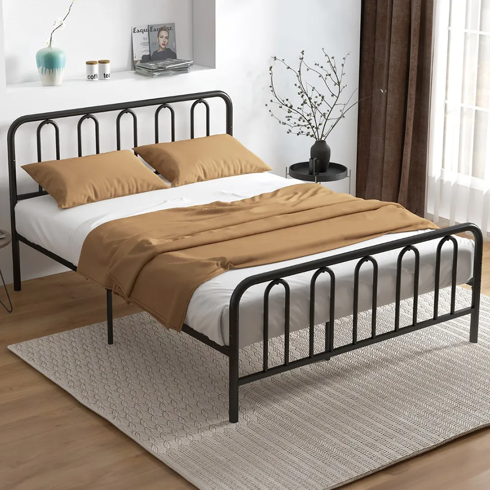 King Size Metal Bed Frame with Headboard and Footboard - Black