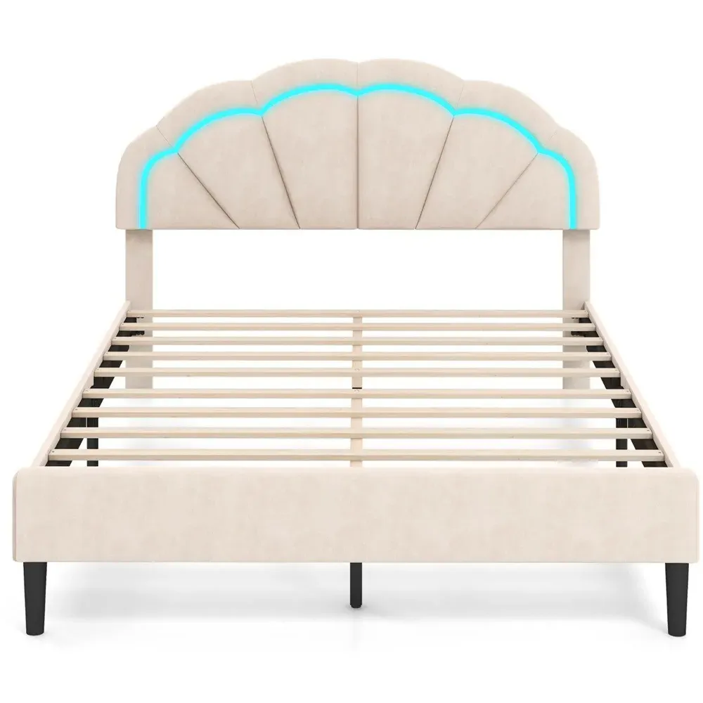 King Size Platform Bed with Adjustable Headboard - Cream, Velvet