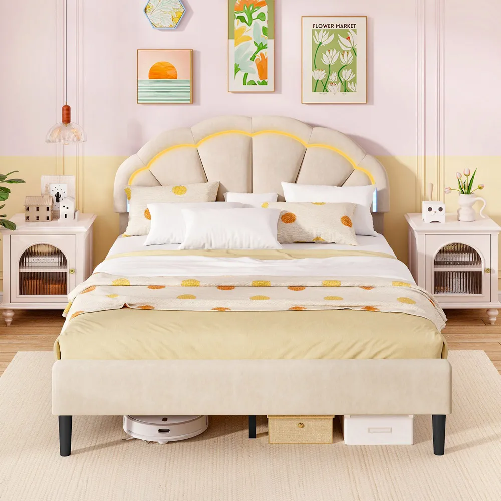 King Size Platform Bed with Adjustable Headboard - Cream, Velvet