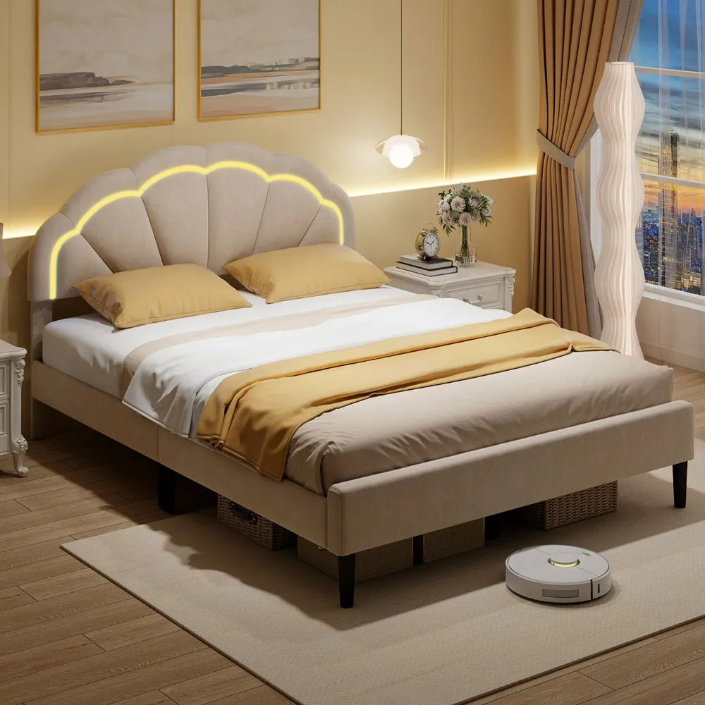 King Size Platform Bed with Adjustable Headboard - Cream, Velvet