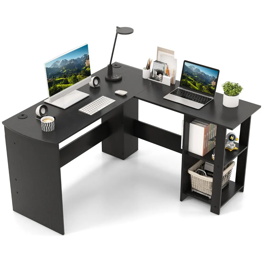 L-Shaped Computer Desk with 2 Shelves - Black