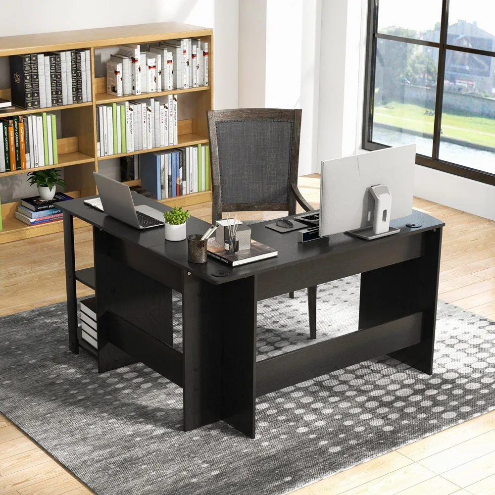 L-Shaped Computer Desk with 2 Shelves - Black