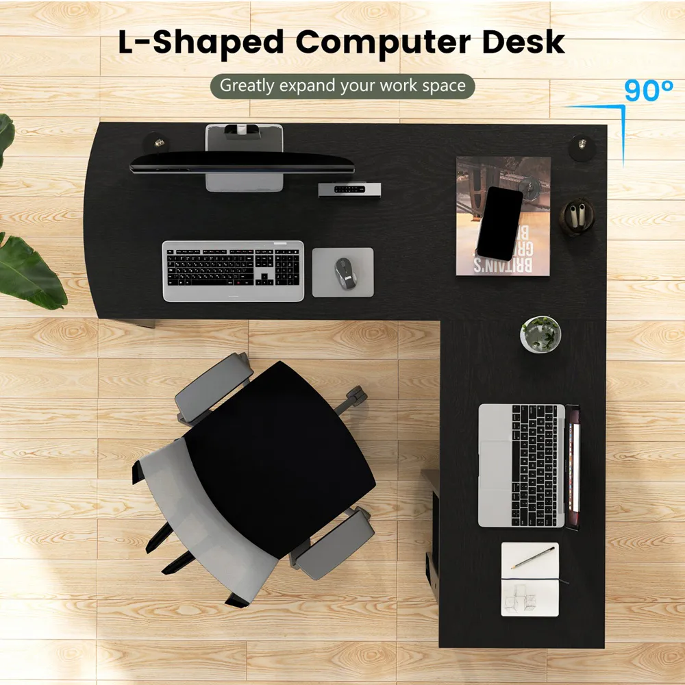 L-Shaped Computer Desk with 2 Shelves - Black