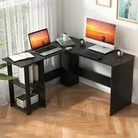 L-Shaped Computer Desk with 2 Shelves - Black