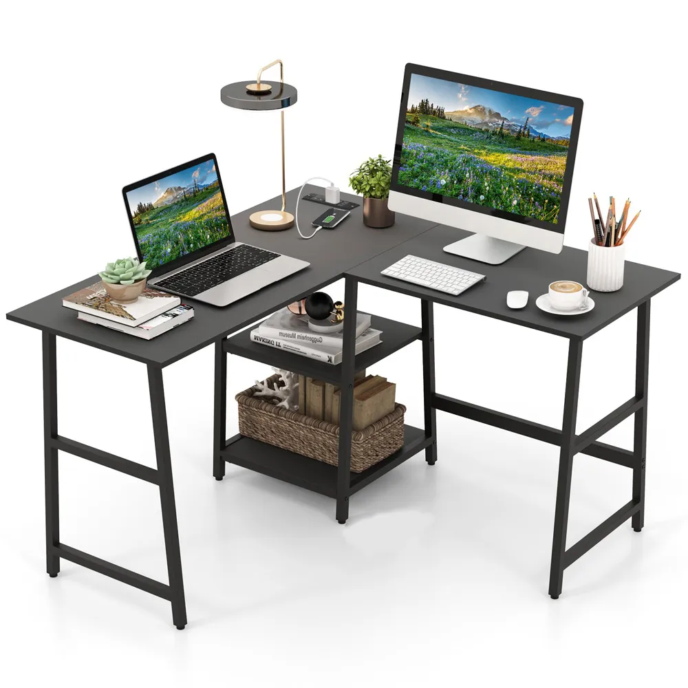 L-Shaped Computer Desk with 2 Shelves - Black