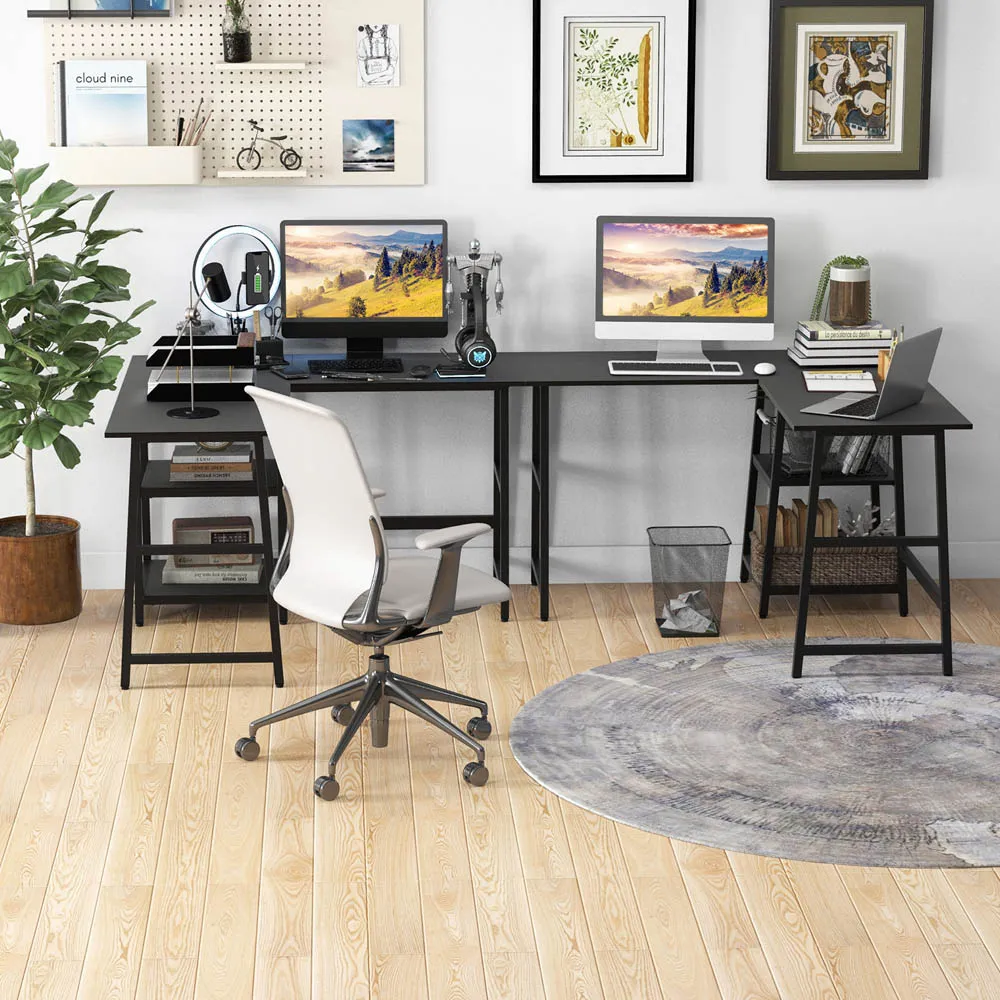 L-Shaped Computer Desk with 2 Shelves - Black