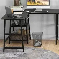 L-Shaped Computer Desk with 2 Shelves - Black