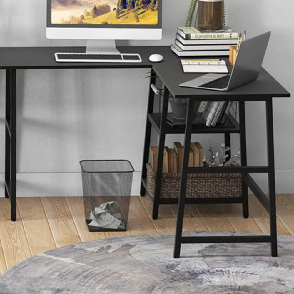 L-Shaped Computer Desk with 2 Shelves - Black