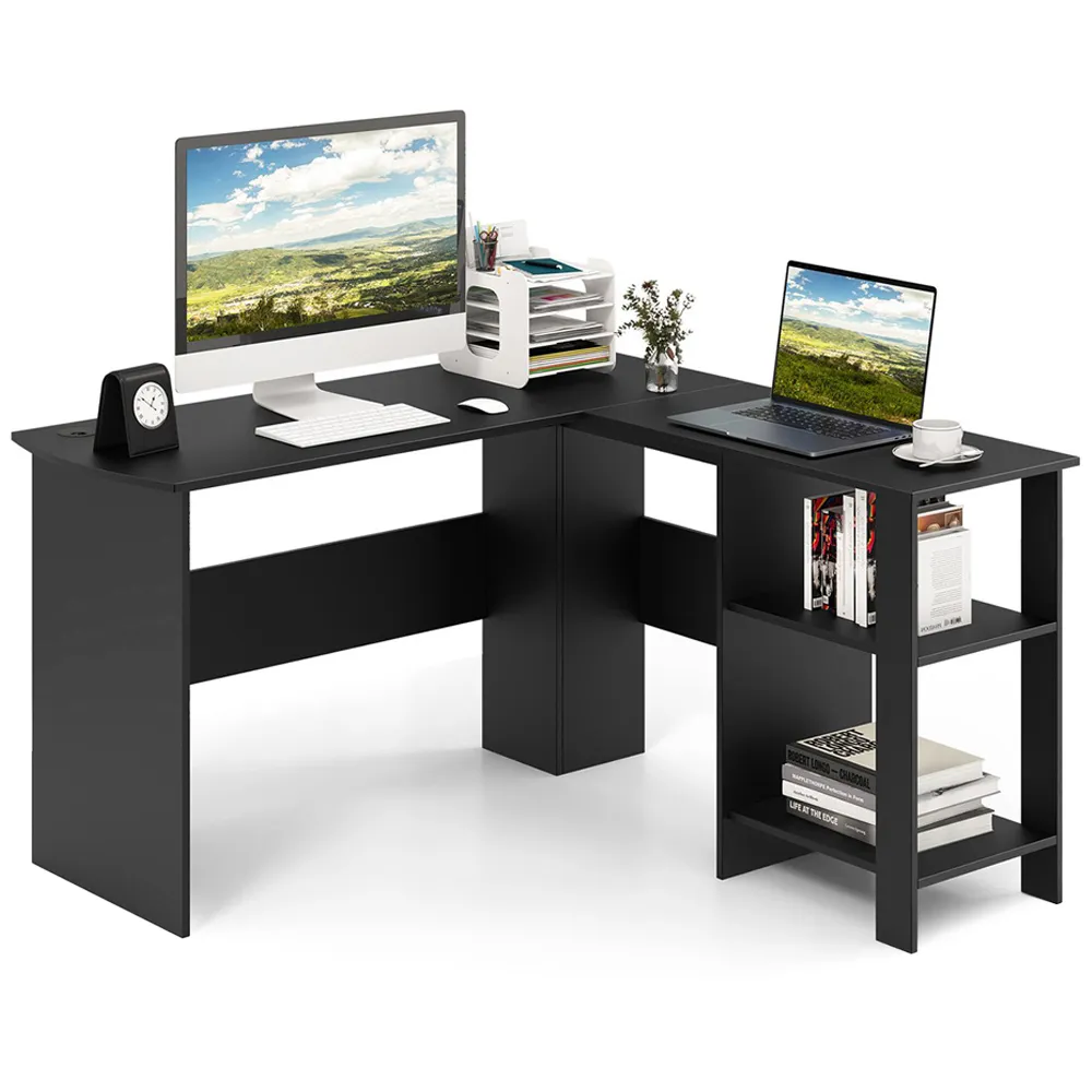 L-Shaped Computer Desk with 2 Shelves - Black