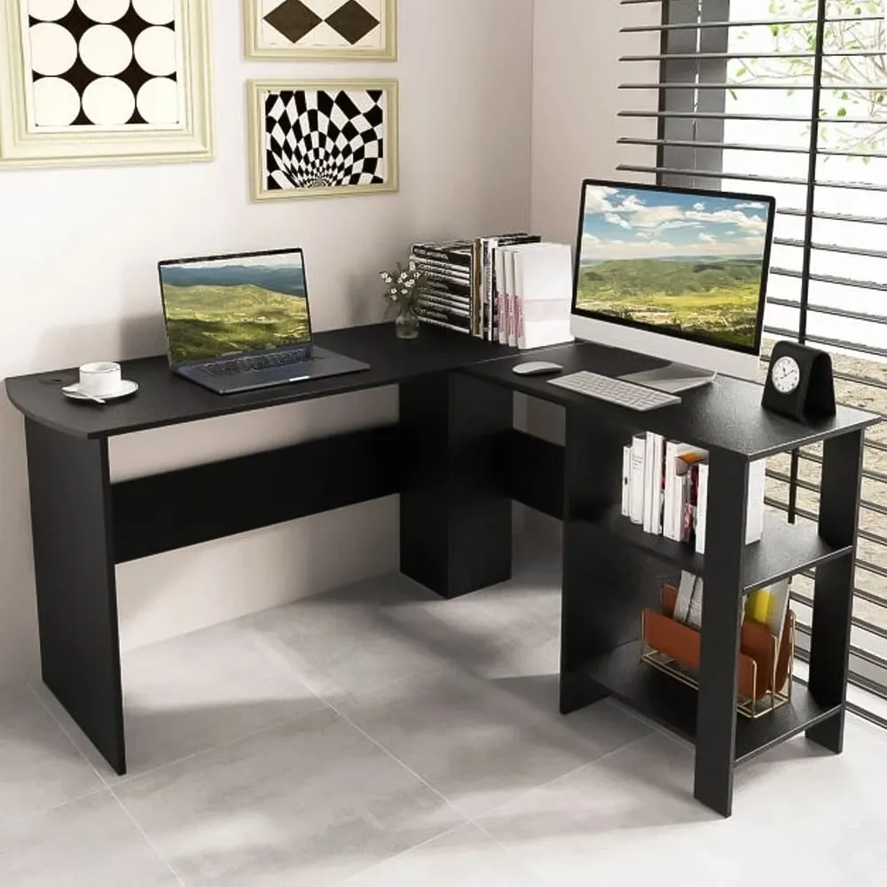 L-Shaped Computer Desk with 2 Shelves - Black image