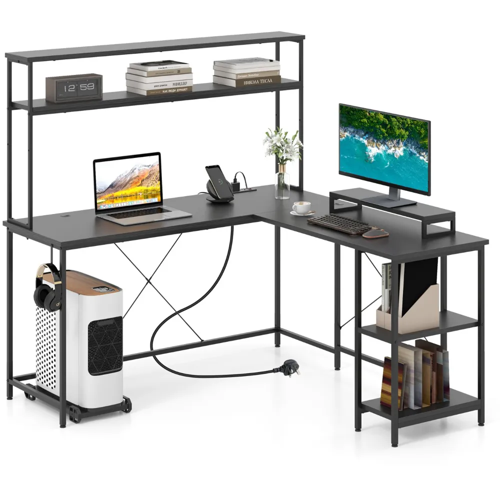 L-Shaped Computer Desk with LED Strip and Power Outlets - Black