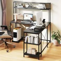 L-Shaped Computer Desk with LED Strip and Power Outlets - Black