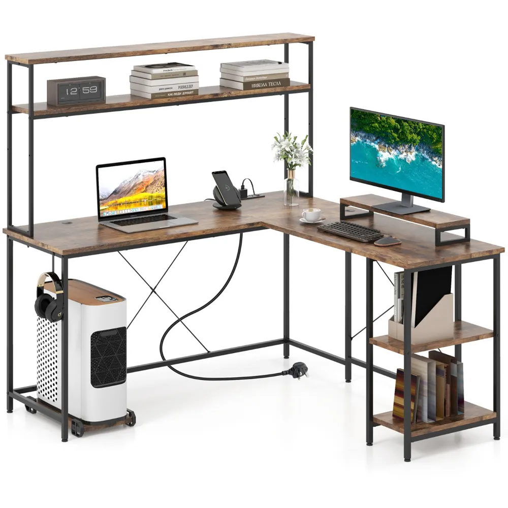 L-Shaped Computer Desk with LED Strip and Power Outlets - Brown