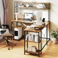 L-Shaped Computer Desk with LED Strip and Power Outlets - Brown
