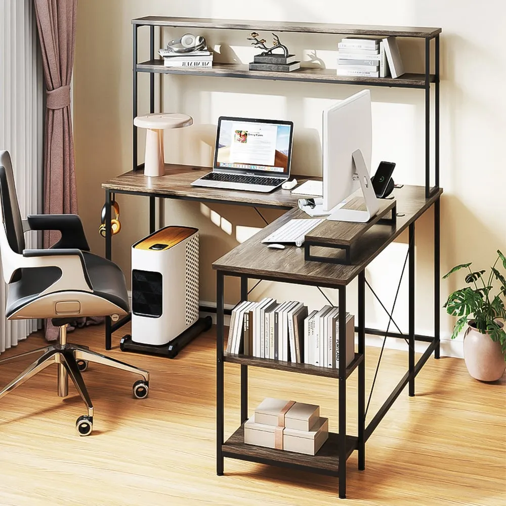 L-Shaped Computer Desk with LED Strip - Grey