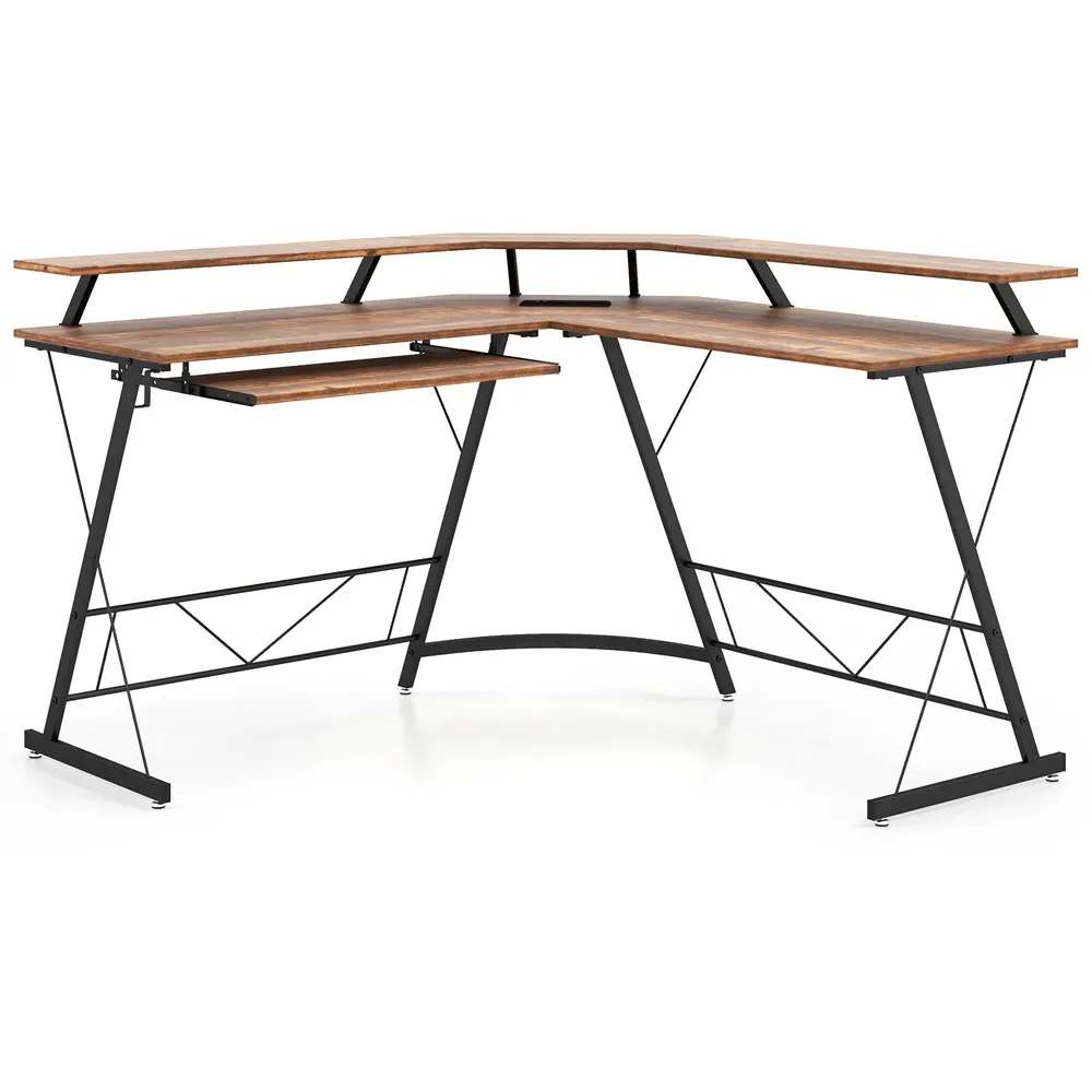 L-Shaped Computer Desk with Power Outlet - Brown