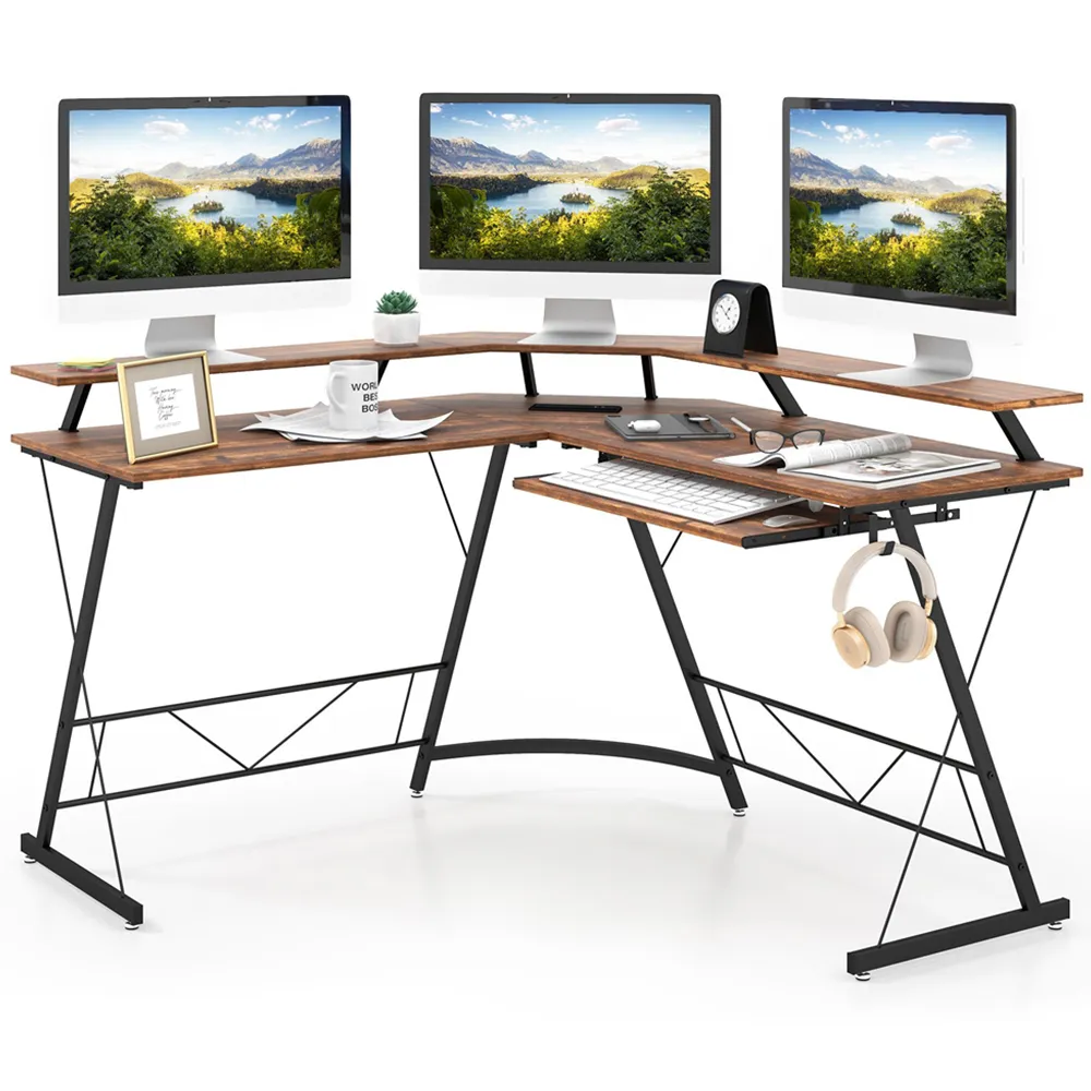 L-Shaped Computer Desk with Power Outlet - Brown