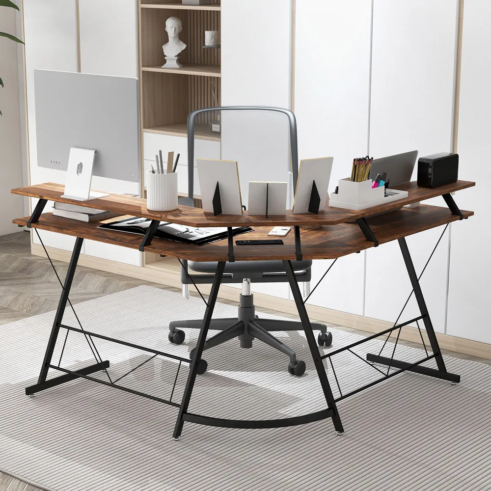L-Shaped Computer Desk with Power Outlet - Brown