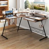 L-Shaped Computer Desk with Power Outlet - Brown